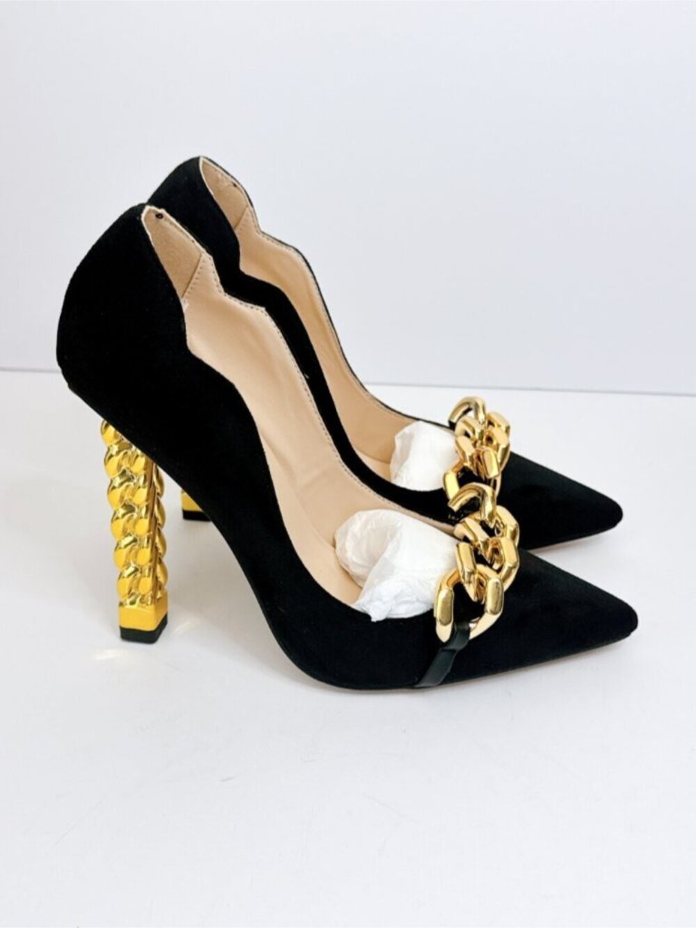 Black Gold Chain Heel Pumps Pointed Toe Suede High Heels Size 7.5
